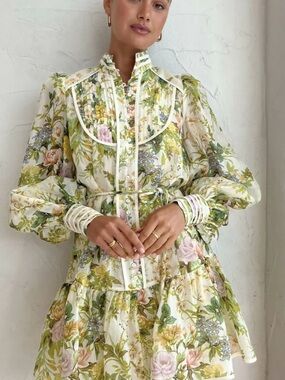 Alemais Cream Floral Long Sleeve Tiered Dress